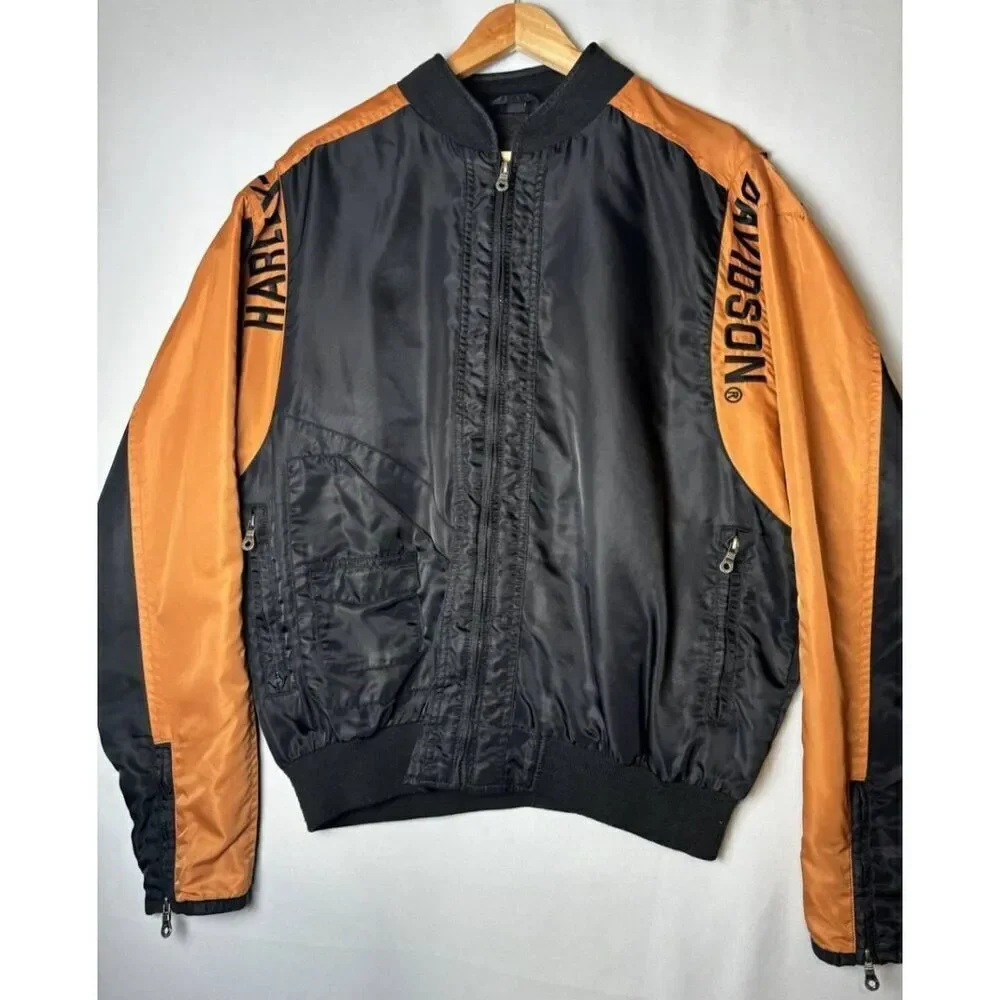 Harley-Davidson Vintage Black Orange Riding Jacket Bar Shield Logo Aviator Large